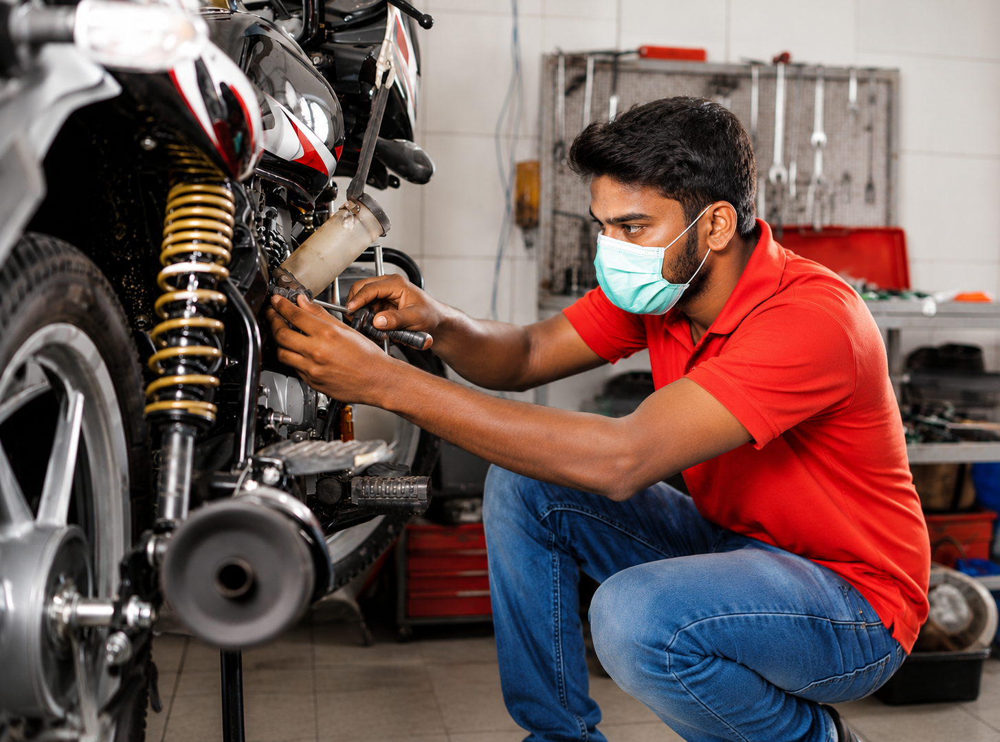 Mechanic servicing a motorcycle